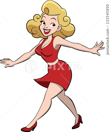 Smiling blonde woman walking wearing red dress and high heels 133545950