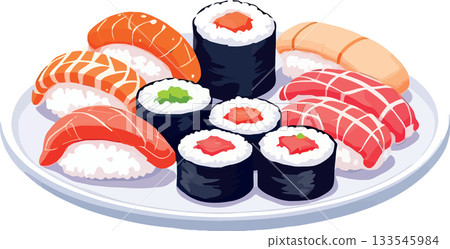 Delicious sushi assortment displayed on plate, vibrant japanese cuisine 133545984