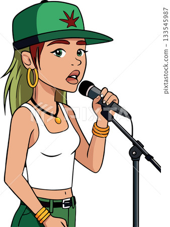 Young female singer performing with microphone and stand 133545987