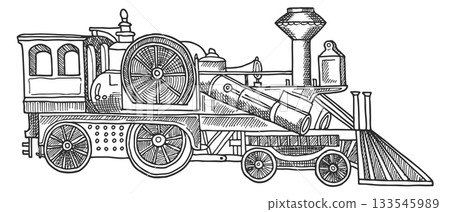 A black and white drawing of a steam engine A black and white drawing of a steam engine 133545989