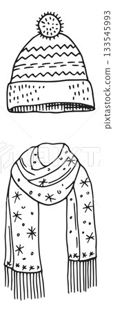 A hat and scarf are drawn in black and white 133545993