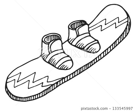A cartoon drawing of a snowboard with two shoes on it 133545997