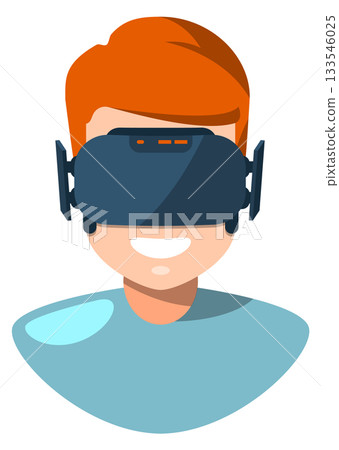 A boy wearing a blue shirt is wearing a virtual reality headset A boy wearing a blue shirt is wearing a virtual reality headset 133546025