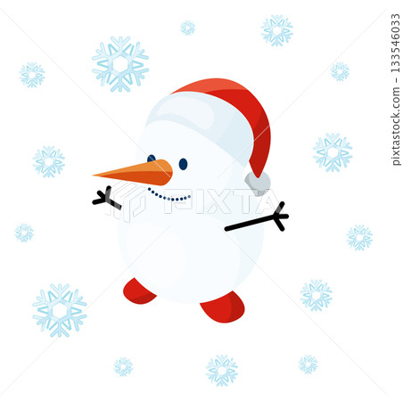 A cartoon snowman with a red hat and carrot nose is standing in a snowstorm 133546033