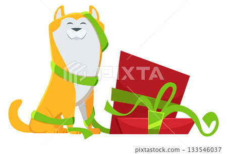 A cat is sitting on a red box with green ribbons tied around it 133546037