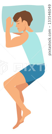 A man is sleeping on a bed with a blue pillow 133546049