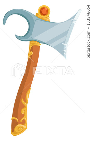 A wooden axe with a gold handle and a silver blade 133546054