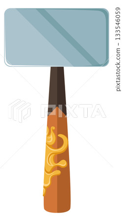 A wooden hammer with a yellow handle and a silver head A wooden hammer with a yellow handle and a silver head 133546059