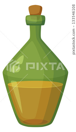 A green bottle with a cork stopper and a yellow liquid inside 133546108