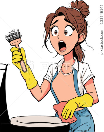Shocked woman cleaning toilet wearing gloves and holding brush and sponge 133546145