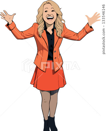 Happy businesswoman opening arms and smiling, wearing orange suit and black shirt Happy businesswoman opening arms and smiling, wearing orange suit and black shirt 133546146