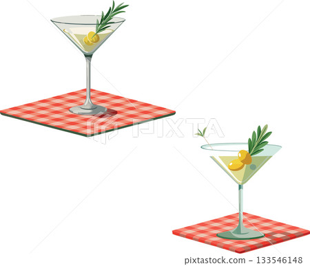 Two martini cocktails with olives and rosemary on checkered napkins 133546148