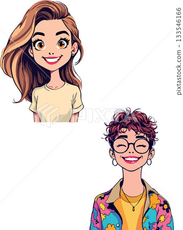 Two smiling young women with different hairstyles and fashion styles Two smiling young women with different hairstyles and fashion styles 133546166