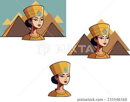 Egyptian queen wearing gold crown and pyramids in background Egyptian queen wearing gold crown and pyramids in background 133546168