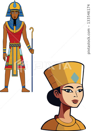 Egyptian pharaoh and queen posing with traditional attire and crook 133546174