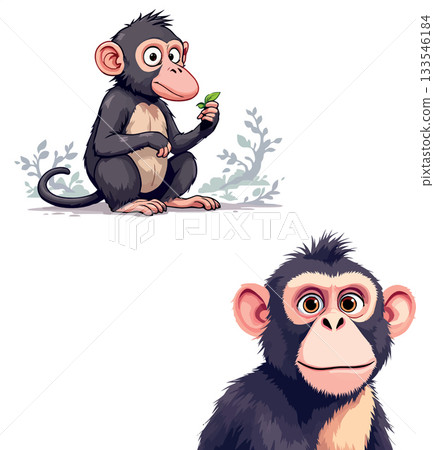 Two adorable baby chimpanzees posing in different styles 133546184