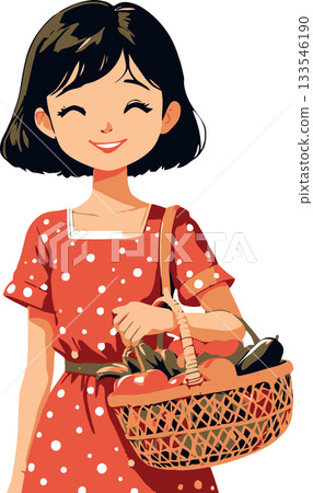 Smiling woman carrying basket full of vegetables and fruits 133546190