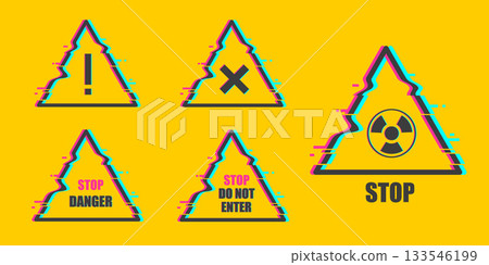 Danger signs .Symbols of warning of danger, hackers, viruses on the computer. Glitched attention . Vector Illustration. Danger signs .Symbols of warning of danger, hackers, viruses on the computer. Glitched attention . Vector Illustration. 133546199