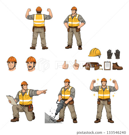 Builders dressed in protective vests and helmets. Construction worker character 133546240
