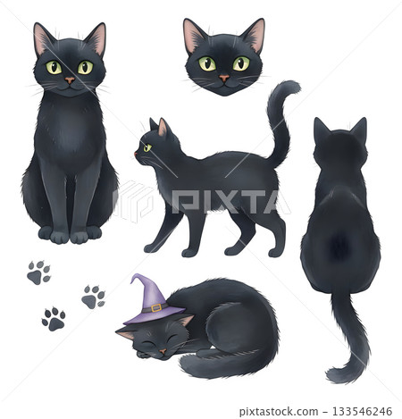 Set of black cat characters. Watercolour illustration design. Set of black cat characters. Watercolour illustration design. 133546246