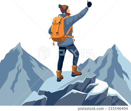 Mountaineer reaching summit showing thumbs up sign enjoying scenic view Mountaineer reaching summit showing thumbs up sign enjoying scenic view 133546404