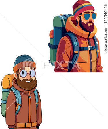 Two male hikers wearing backpacks and winter clothes are ready for their next adventure 133546406