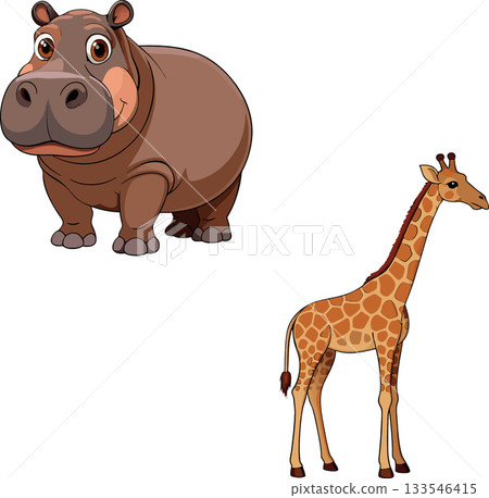 Smiling hippopotamus and standing giraffe cartoon illustration Smiling hippopotamus and standing giraffe cartoon illustration 133546415