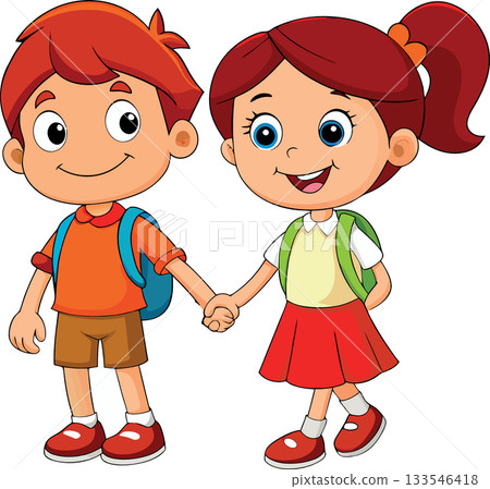 Happy students going to school holding hands 133546418