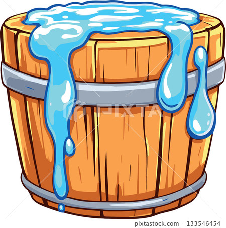 Wooden bucket overflowing with refreshing water 133546454