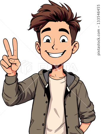 Young man showing victory sign with two fingers and smiling 133546455
