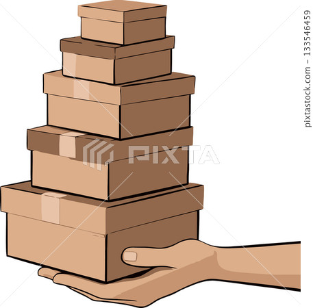 Courier holding stack of cardboard boxes for delivery 133546459