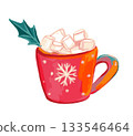 Hot chocolate mug, cocoa with marshmellow, cozy winter drink illustration isolated 133546464