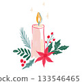 Christmas candle decorated with red berries and holly branches. Hand drawn doodle illustration isolated 133546465