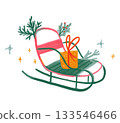 Christmas sledge with gift, greeting card hand drawn illustration 133546466