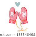 Knitted red mittens watercolor illustration, hand drawn snowflakes, cozy winter drawing 133546468
