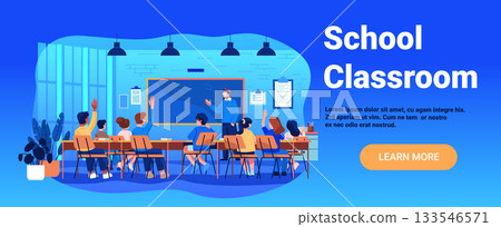 School classroom teacher students learning modern interior chalkboard desks plants large windows blue background website banner 133546571