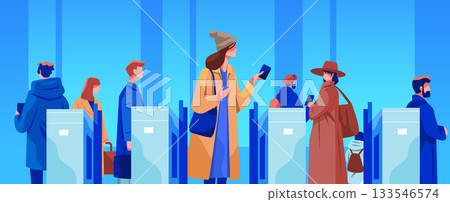 Airport security line travelers using smartphones diverse people waiting at automated gates modern blue background banner 133546574