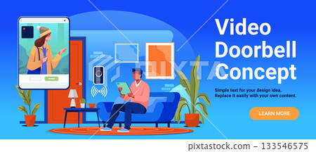 Video doorbell concept smart home security man monitors visitor on tablet modern living room interior wireless technology device blue background 133546575