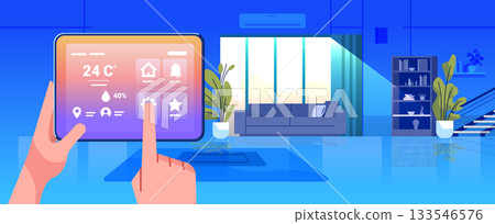 Smart home automation control panel finger touch modern living room interior digital tablet interface temperature humidity settings houseplants bookshelf 133546576