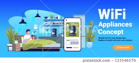 WiFi appliances concept smart home automation man controls coffee maker with mobile device modern bedroom kitchen plants flat design website banner WiFi appliances concept smart home automation man controls coffee maker with mobile device modern bedroom kitchen plants flat design website banner 133546579