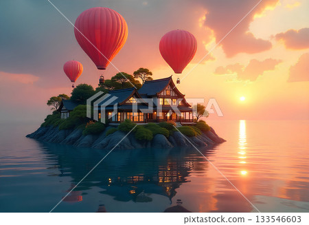 hot air balloon flying over the sea 133546603