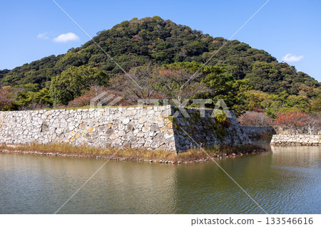 The stone walls and moat of Hagi Castle ruins spread out under the blue sky 133546616