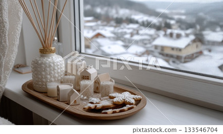 Soft candlelight shines beside a plate of cookies and greenery, with warm hues from autumn leaves visible through the window 133546704