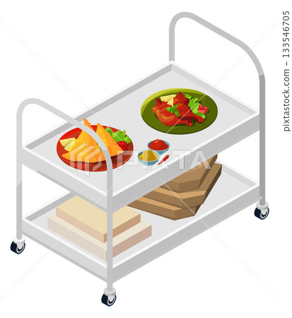 A cart with food on it, including a plate of food with a green plate 133546705