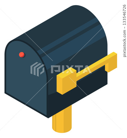 A black mailbox with a yellow handle 133546726