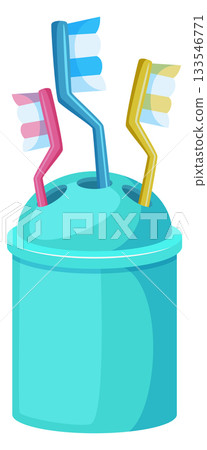 A blue container with three toothbrushes in it 133546771