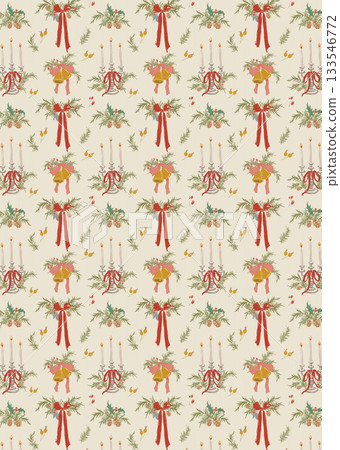 Whimsical Christmas floral background of bow, candle, bell, berries and fir branch. Hand-drawn vintage poster isolated on white background. Illustration for design, print, fabric or background. 133546772