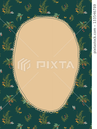 Whimsical Christmas floral oval frame of berries, holly, pine cone and branch. Hand-drawn vintage border isolated on beige background. Illustration for design, print, fabric or background. 133546789