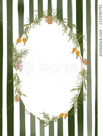 Whimsical Christmas floral oval frame of berries, pine cone, branch and stripes. Hand-drawn vintage border isolated on beige background. Illustration for design, print, fabric or background. 133546791
