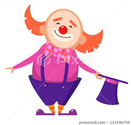 A clown with a red nose and a purple bow tie is holding a hat 133546794